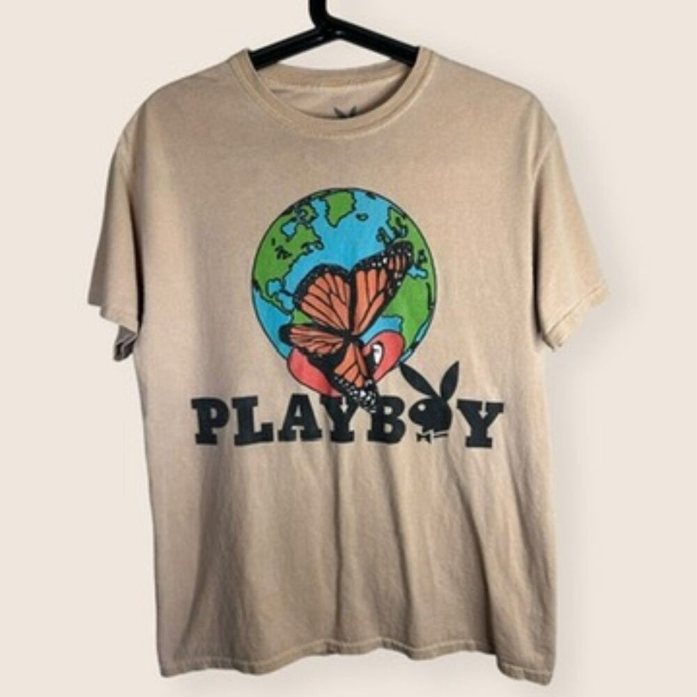 🦋 SMALL PLAYBOY EARTH PLANET BUTTERFLY T-SHIRT BEIGE TAN TOP